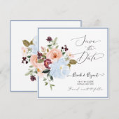 Waterverf Flowers Dusty Blue Blush Save the Date Kaart (Voorkant / Achterkant)