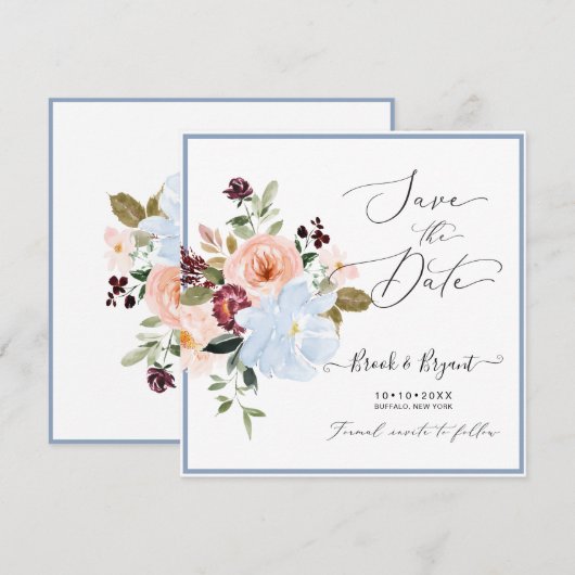 Waterverf Flowers Dusty Blue Blush Save the Date Kaart (Voorkant / Achterkant)