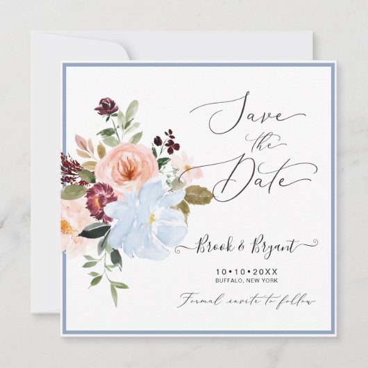 Waterverf Flowers Dusty Blue Blush Save the Date Kaart (Voorkant)