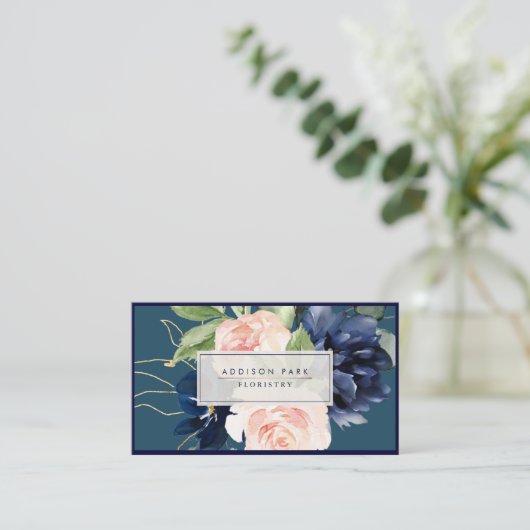 Waterverf Flowers Dusty Navy Blue Blush Blauwgroen Visitekaartje (Staand voorkant)