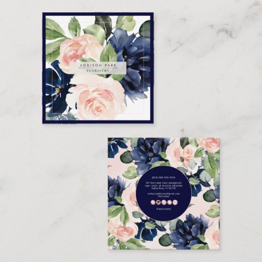 Waterverf Flowers Dusty Navy Blue Blush Vierkante Visitekaartje (Voorkant / Achterkant)