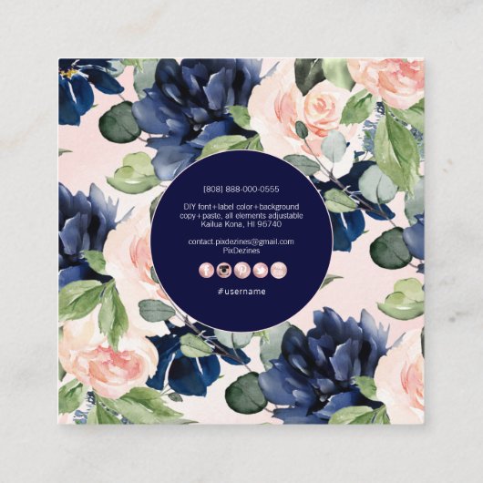 Waterverf Flowers Dusty Navy Blue Blush Vierkante Visitekaartje (Achterkant)