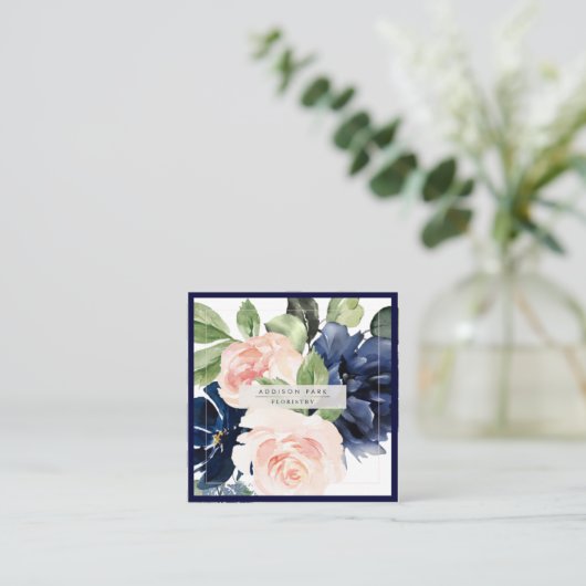 Waterverf Flowers Dusty Navy Blue Blush Vierkante Visitekaartje (Staand voorkant)