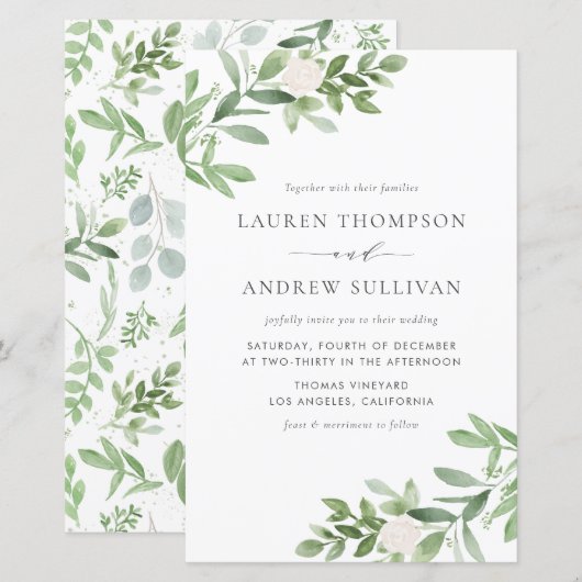 Waterverf Flowers en Greenery Wedding Invitation (Voorkant / Achterkant)