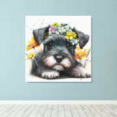 Waterverf Flowers en Schnauzer Puppy Canvas Afdruk (Insitu (Houten vloer))