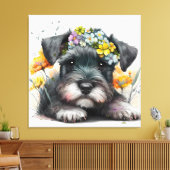 Waterverf Flowers en Schnauzer Puppy Canvas Afdruk (Insitu (Woonkamer))