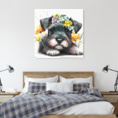 Waterverf Flowers en Schnauzer Puppy Canvas Afdruk (Insitu (Slaapkamer))