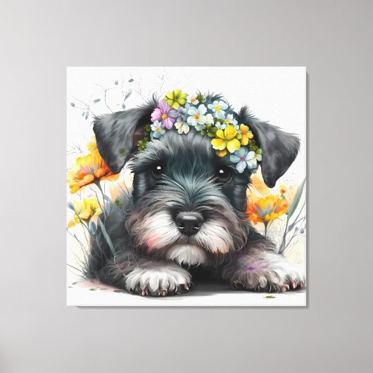Waterverf Flowers en Schnauzer Puppy Canvas Afdruk (Voorkant)