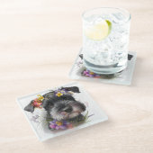 Waterverf Flowers en Schnauzer Puppy Glazen Onderzetter (Schuin)