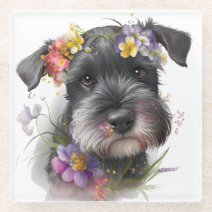 Waterverf Flowers en Schnauzer Puppy Glazen Onderzetter