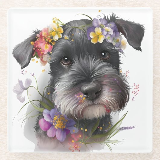 Waterverf Flowers en Schnauzer Puppy Glazen Onderzetter (Voorkant)