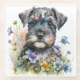 Waterverf Flowers en Schnauzer Puppy Glazen Onderzetter