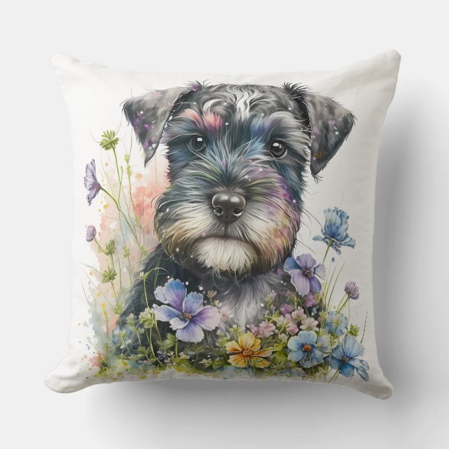 Waterverf Flowers en Schnauzer Puppy Kussen (Voorkant)