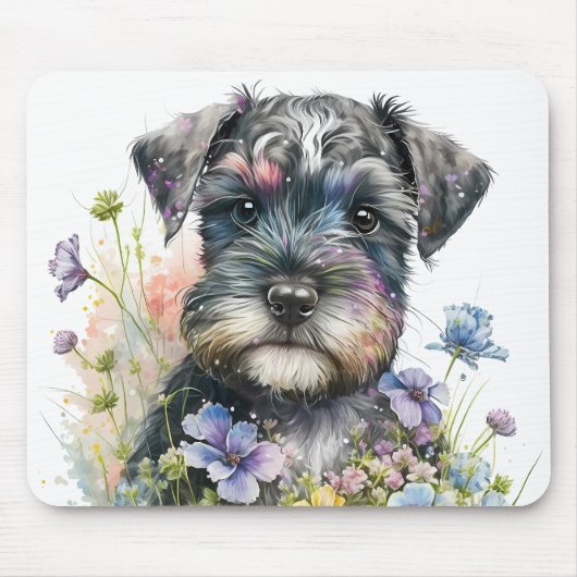 Waterverf Flowers en Schnauzer Puppy Muismat (Voorkant)