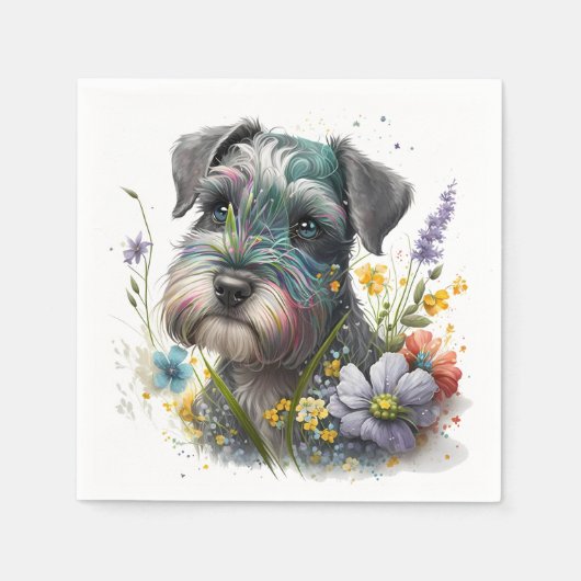 Waterverf Flowers en Schnauzer Puppy Servet (Voorkant)