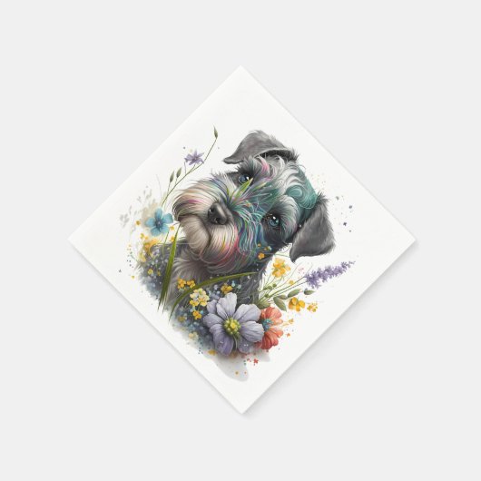 Waterverf Flowers en Schnauzer Puppy Servet (Hoek)