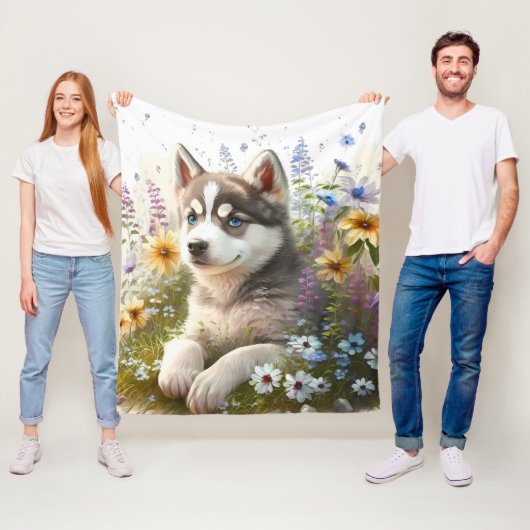 Waterverf Flowers en Siberian Husky Puppy Fleece Deken (In situ)
