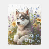 Waterverf Flowers en Siberian Husky Puppy Fleece Deken (Voorkant)