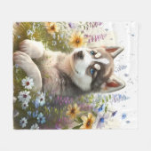Waterverf Flowers en Siberian Husky Puppy Fleece Deken (Voorkant (Horizontaal))