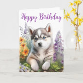 Waterverf Flowers en Siberian Husky Puppy Kaart (Gele Bloem)
