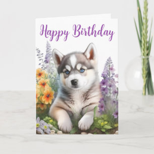 Waterverf Flowers en Siberian Husky Puppy Kaart