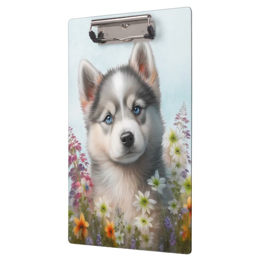 Waterverf Flowers en Siberian Husky Puppy Klembord (Links)