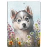Waterverf Flowers en Siberian Husky Puppy Klembord (Achterkant)