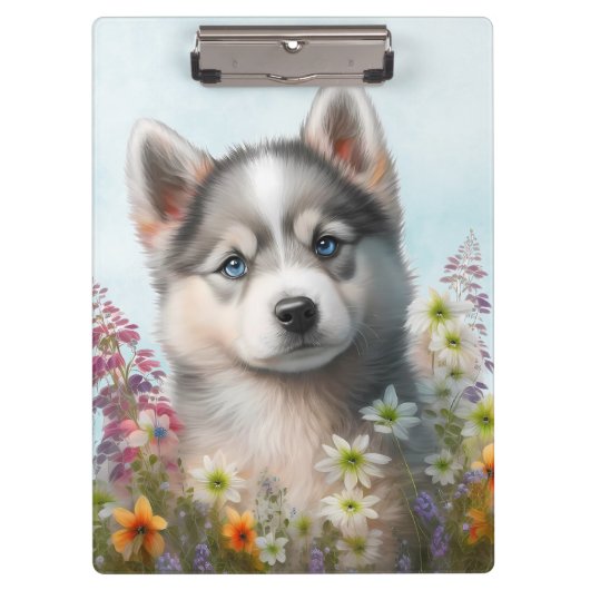 Waterverf Flowers en Siberian Husky Puppy Klembord (Voorkant)