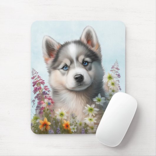 Waterverf Flowers en Siberian Husky Puppy Muismat (Met muis)