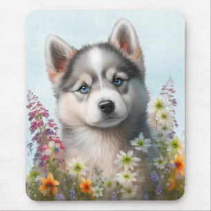 Waterverf Flowers en Siberian Husky Puppy Muismat