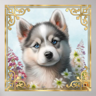 Waterverf Flowers en Siberian Husky Puppy Poster