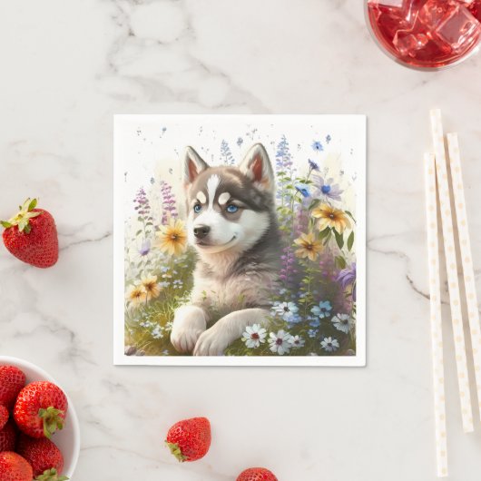 Waterverf Flowers en Siberian Husky Puppy Servet (Insitu)