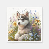 Waterverf Flowers en Siberian Husky Puppy Servet (Voorkant)