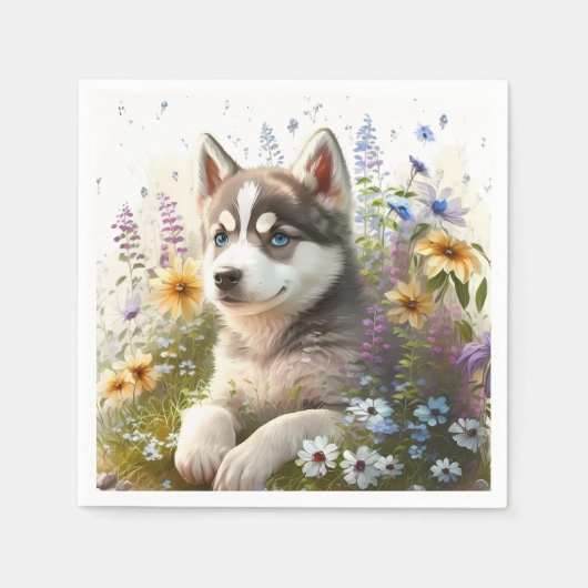 Waterverf Flowers en Siberian Husky Puppy Servet (Voorkant)