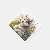 Waterverf Flowers en Siberian Husky Puppy Servet (Hoek)