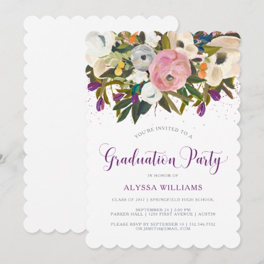 Waterverf Flowers | Faux Glitter Afstudeerfeest Kaart (Voorkant / Achterkant)