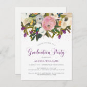 Waterverf Flowers | Faux Glitter Afstudeerfeest Uitnodiging Briefkaart (Voorkant / Achterkant)