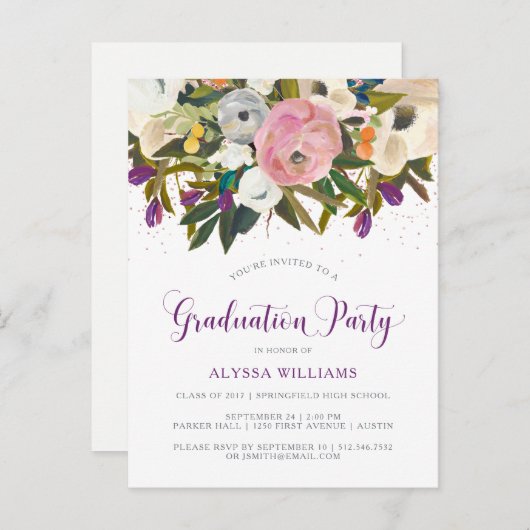 Waterverf Flowers | Faux Glitter Afstudeerfeest Uitnodiging Briefkaart (Voorkant / Achterkant)