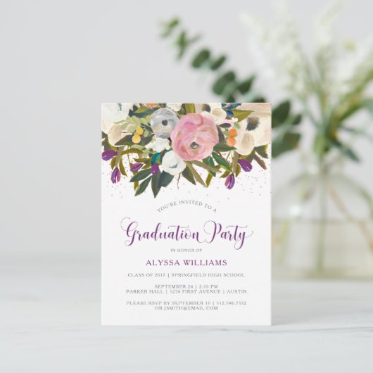 Waterverf Flowers | Faux Glitter Afstudeerfeest Uitnodiging Briefkaart (Staand voorkant)