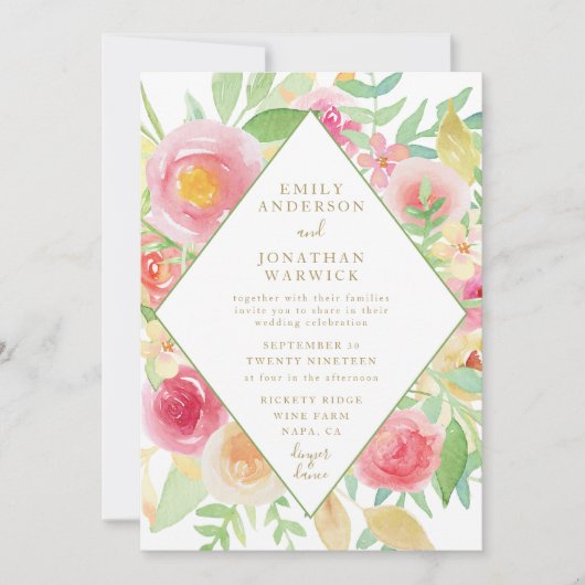 Waterverf Flowers Geometric Wedding Invitation Kaart (Voorkant)