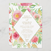 Waterverf Flowers Geometric Wedding Invitation Kaart (Voorkant / Achterkant)