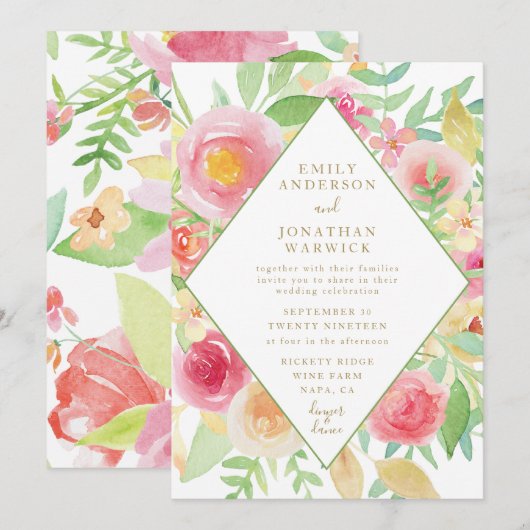 Waterverf Flowers Geometric Wedding Invitation Kaart (Voorkant / Achterkant)