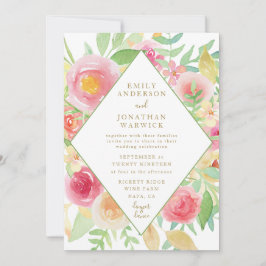 Waterverf Flowers Geometric Wedding Invitation Kaart