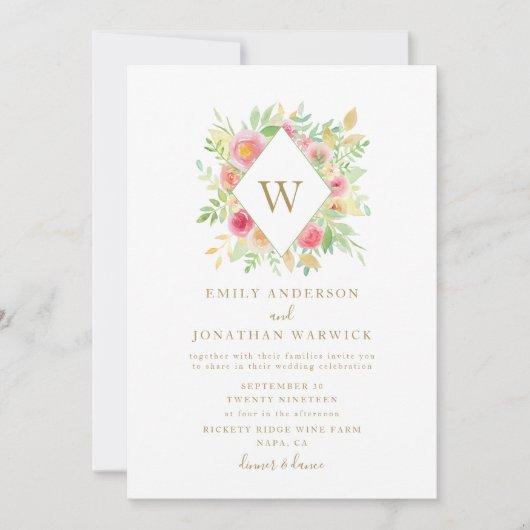 Waterverf Flowers Geometric Wedding Invitation Kaart (Voorkant)