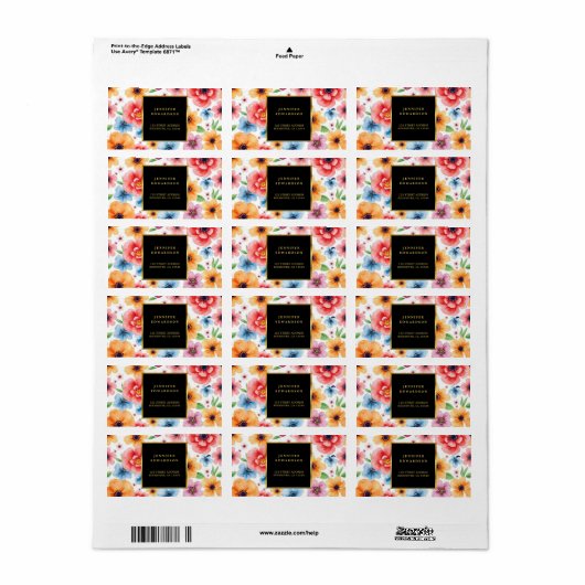 Waterverf Flowers Goud Zwart retouradres Etiket (Full Sheet)