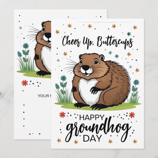 Waterverf Flowers Groundhog Day Schattige Phil Feestdagenkaart (Voorkant / Achterkant)