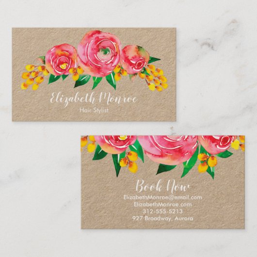Waterverf Flowers Hair Stylist Salon Makeup Kraft Visitekaartje (Voorkant / Achterkant)