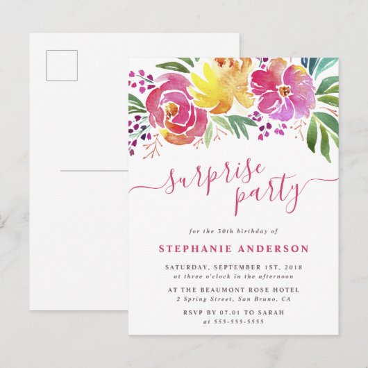 Waterverf Flowers Handgeschreven Verrassingsfeest Uitnodiging Briefkaart (Voorkant / Achterkant)