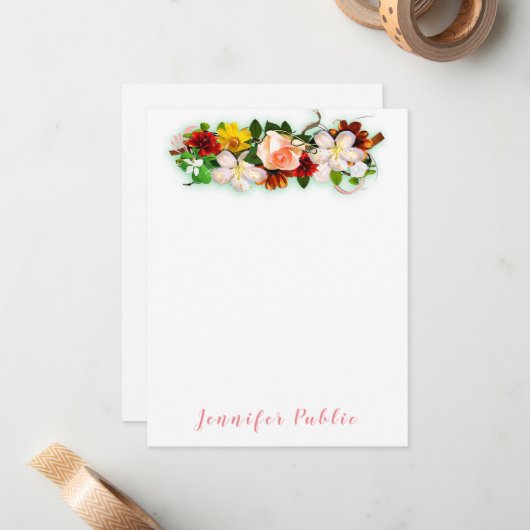 Waterverf Flowers Kleurrijk Handgeschreven Script Notitiekaartje (Voorkant / Achterkant in situ)