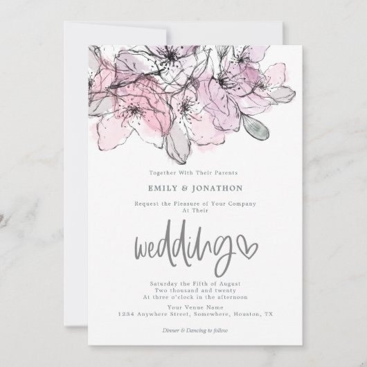 Waterverf Flowers Lila Roze Script Wedding Kaart (Voorkant)